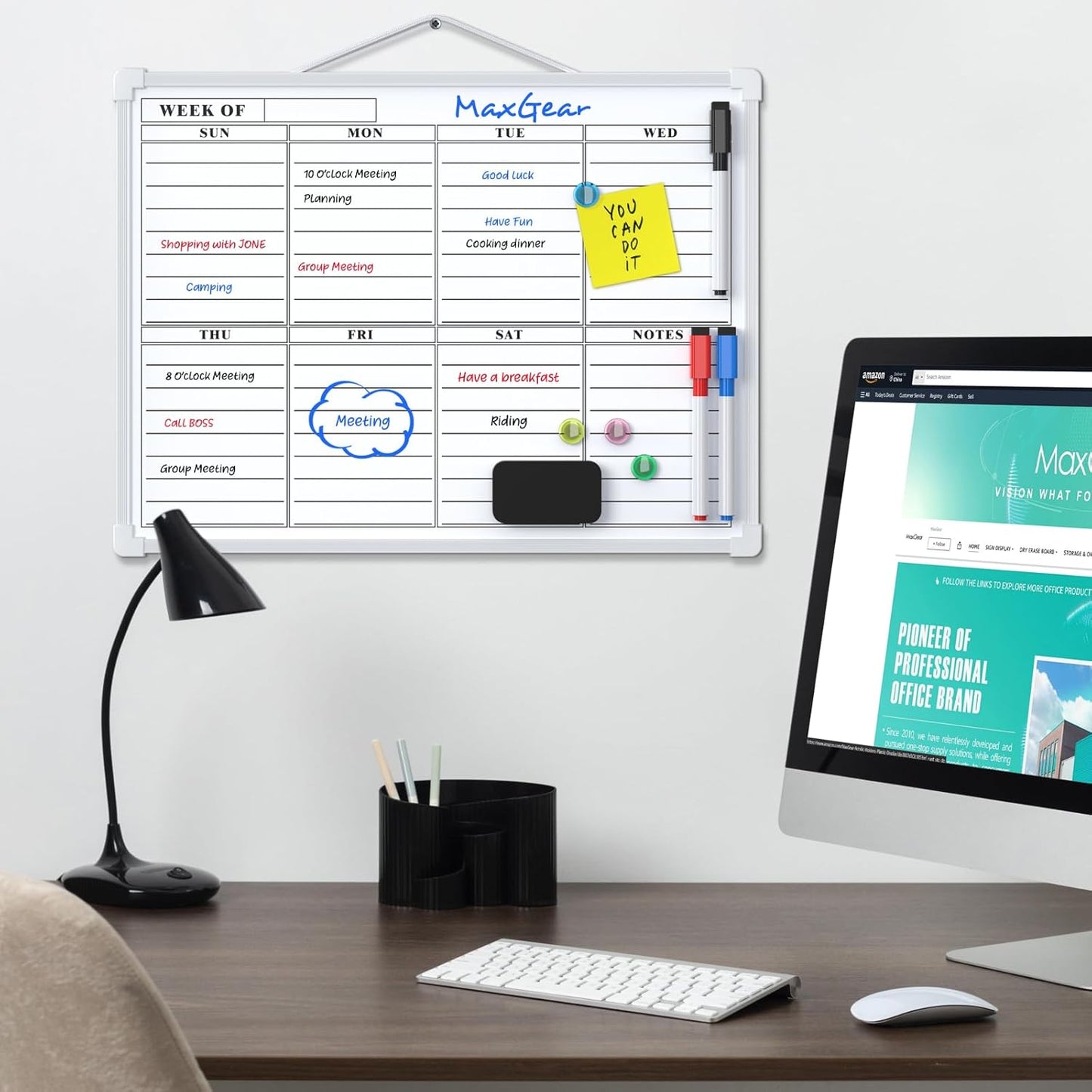 MaxGear Monthly Calendar Dry Erase Board for Wall, 16"x12", White Frame | Double-Sided, Hanging Small White Board, Portable Whiteboard for Planning, Drawing, Memo, to Do List, Home, Kitchen, Office