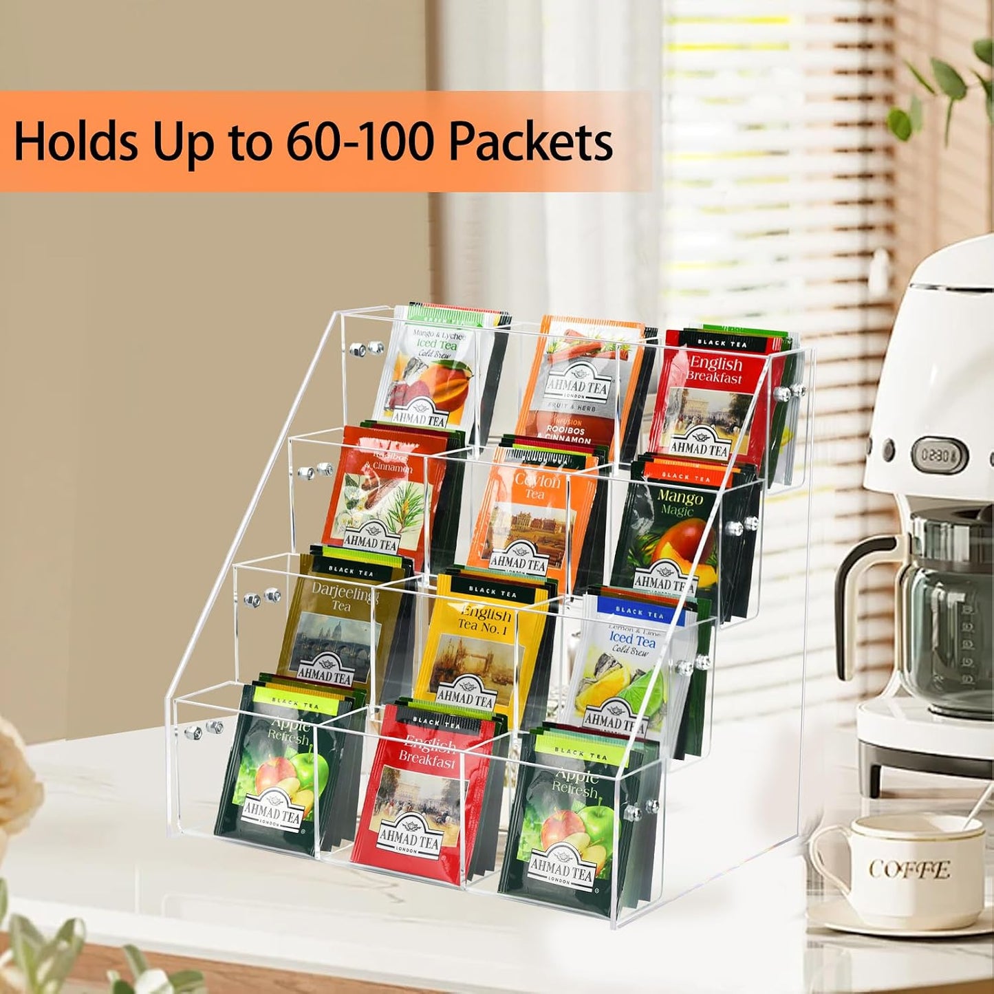 Tea Bag Organizer Holder, Acrylic Tea Packets Storage Box Container Display Stand Rack for Counter Cabinet Countertop Kitchen Office, 3 Tier