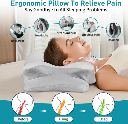 Cervical Neck Pillow for Pain Relief - Ergonomic Pillow for Neck Support, Contour Memory Foam Pillows for Sleeping, Contour Pillow for Reading & Bed Rest Pillows for Side Back Stomach Sleepers(Blue)