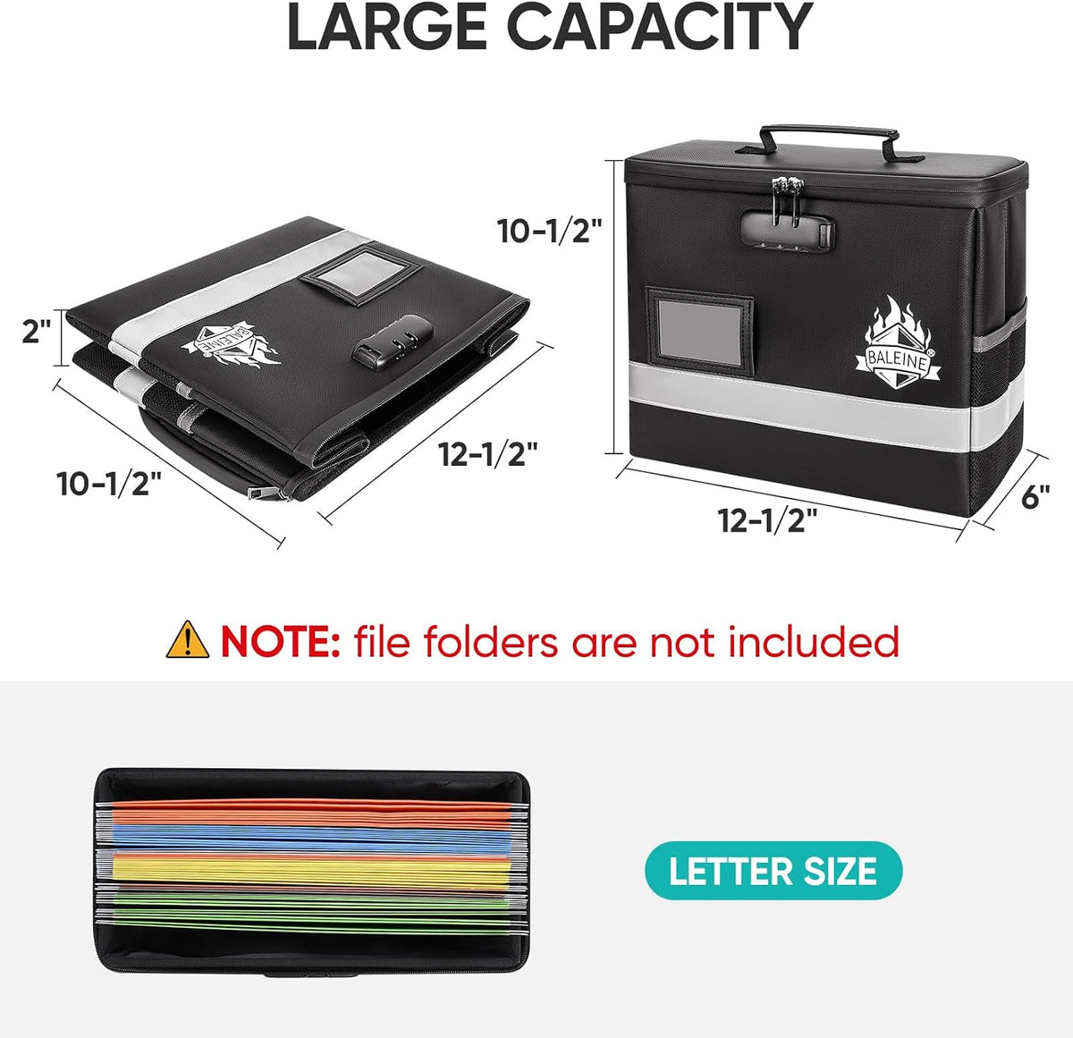 BALEINE Fireproof Document Box with Lock, Portable Fireproof Document Bag Waterproof Fire Proof File Boxes for Documents, File Organizer Box for Important Paperwork (Black, 12.5''x10.5''x6'')