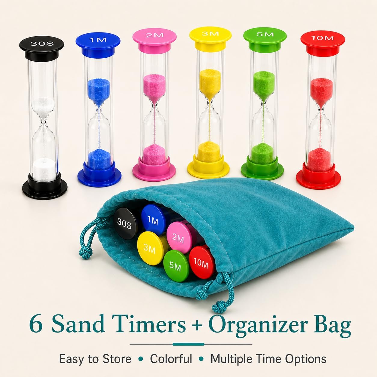 6-Pack Hourglass Sand Timers with Storage Bag, 30 Sec to 10 Min