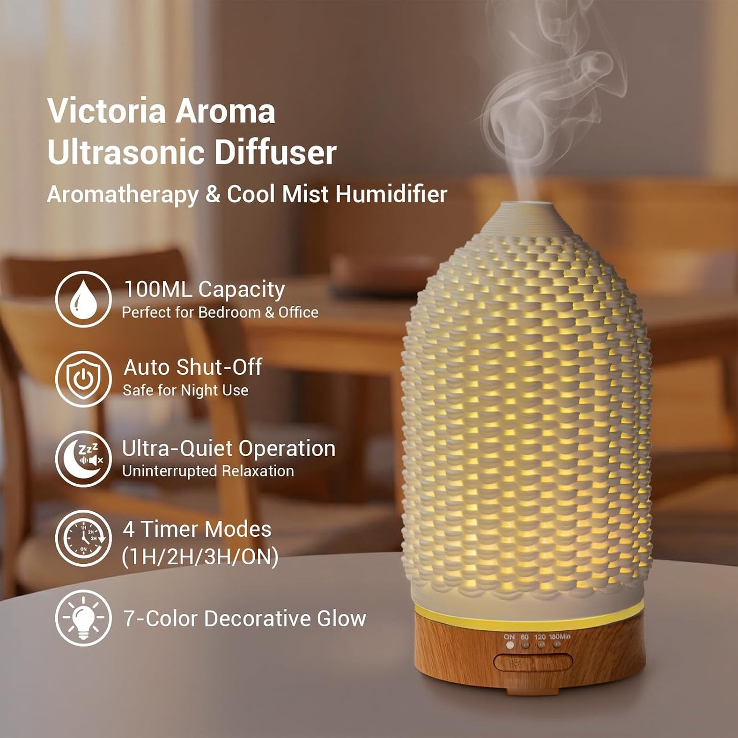 VICTORIA AROMA Essential Oil Diffuser - Multifunction Aromatherapy Diffuser 7 LED Color Changing Light 100ML Rattan Diffuser Easy to Clean Suitable for Home,Office (Tan)