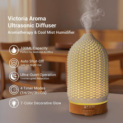 VICTORIA AROMA Essential Oil Diffuser - Multifunction Aromatherapy Diffuser 7 LED Color Changing Light 100ML Rattan Diffuser Easy to Clean Suitable for Home,Office (Tan)