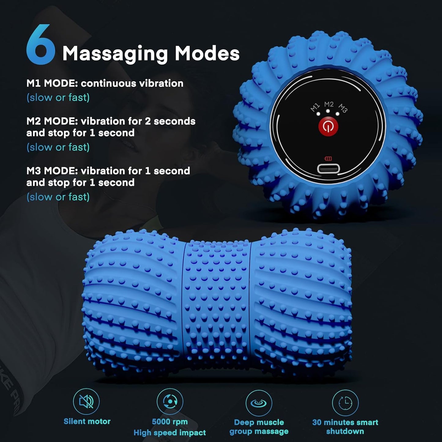 2 in 1 Vibrating Peanut Massage Ball with 6 Massaging Modes and Bluetooth Speaker, Rechargeable Vibrating Massage Yoga Roller Ball for Muscle Recovery, Orange