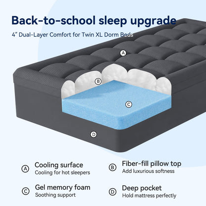 ELEMUSE Twin XL Dorm Dual Layer 3 Inch Memory Foam Mattress Topper for College, Dorm Room Essentials, 2 Inch Cooling Gel Foam and 1 Inch Soft Pillow Top Bed Pad,Back to School Comfortable Support