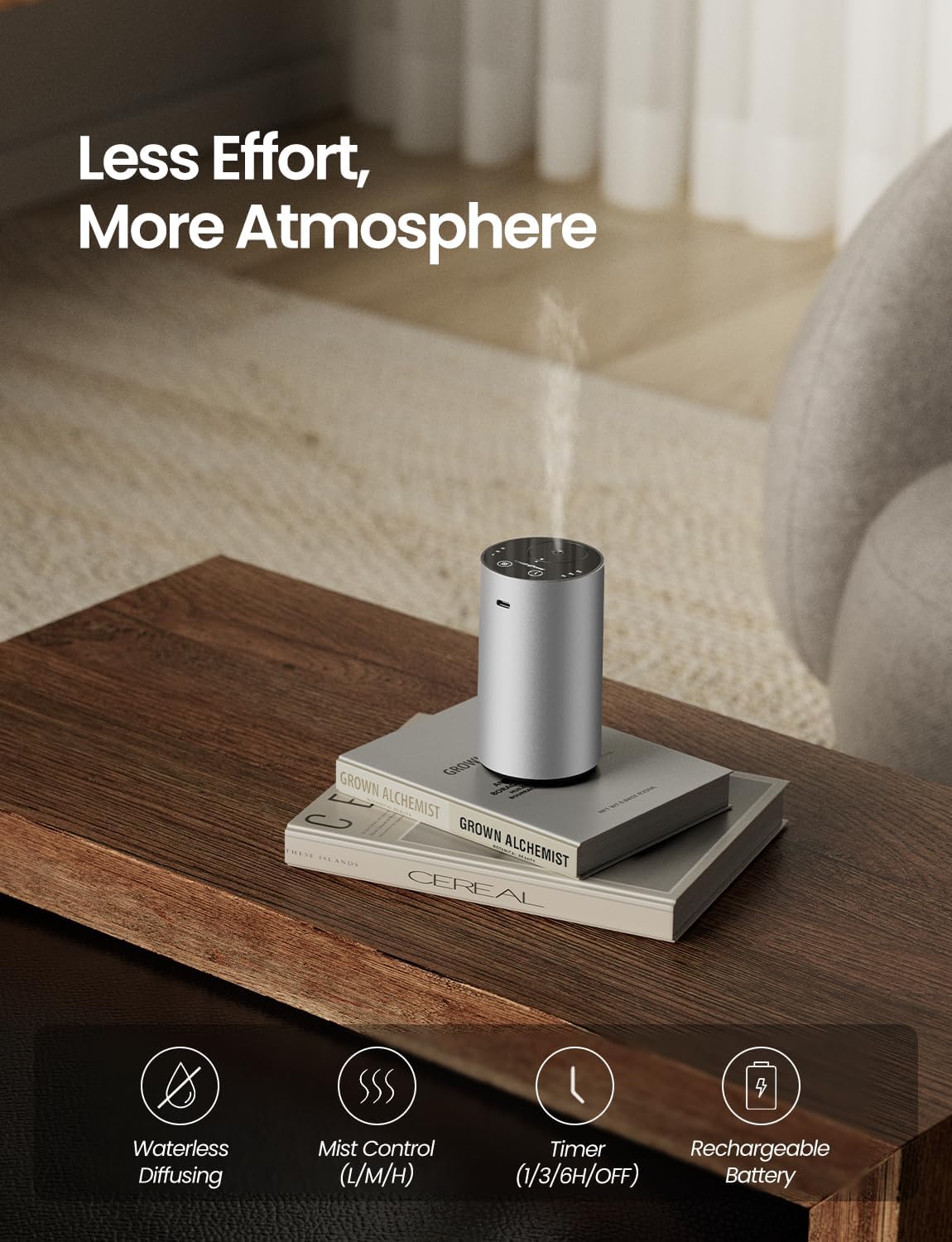 Waterless Essential Oil Diffuser, Rechargeable Scent Diffusers with 3 Mist Levels & Timers, Portable Aromatherapy Diffuser for Home Car Room Studio Office, Black Metal