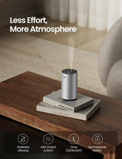 Waterless Essential Oil Diffuser, Rechargeable Scent Diffusers with 3 Mist Levels & Timers, Portable Aromatherapy Diffuser for Home Car Room Studio Office, Black Metal