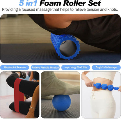 JOYENERGY 5 in 1 Foam Roller Set, Trigger Point Foam Roller Patented, Massage Roller Stick, Massage Ball, Stretching Strap for Deep Tissue Massager for Muscle Pilates Yoga Whole Body