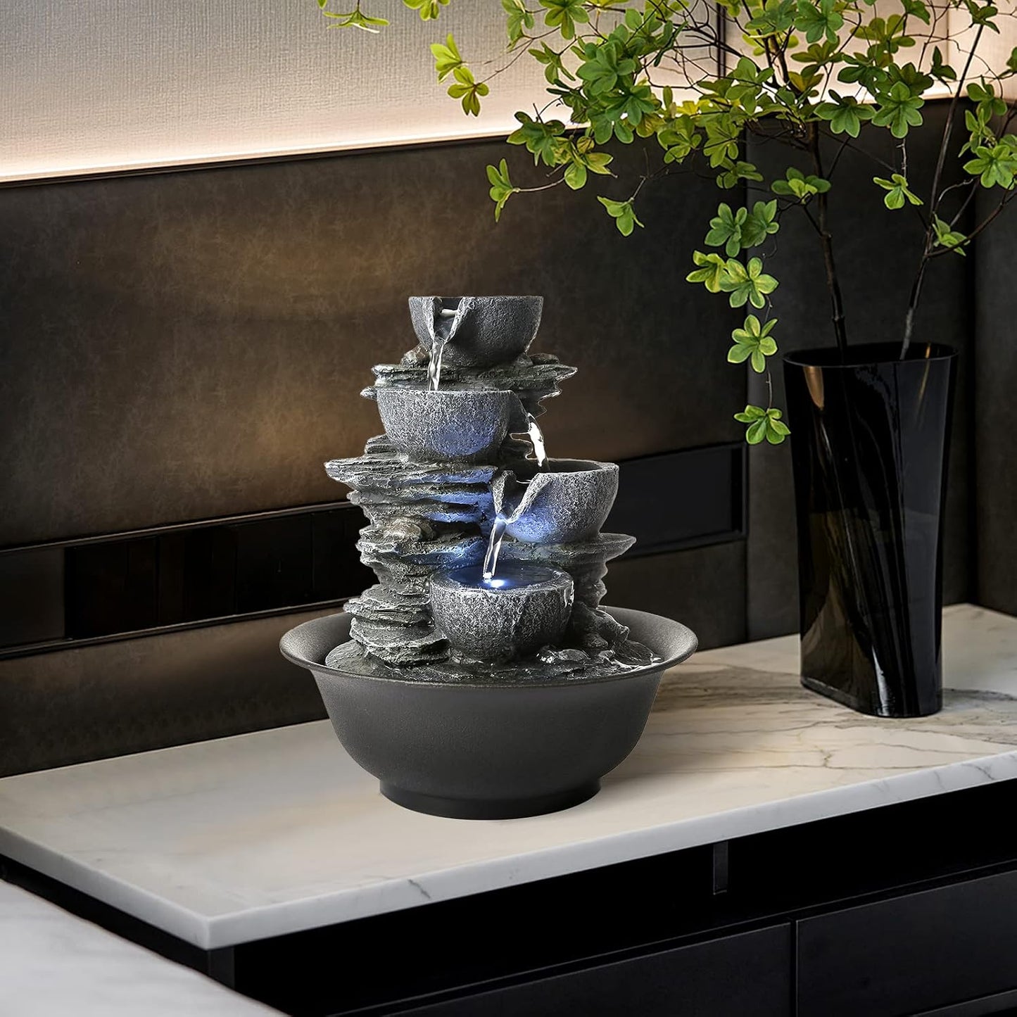 WICHEMI Indoor Fountain Tabletop Fountain Waterfall Fountains Stacked Rocks | Desktop Fountain With LED Light, Soothing Sound, Stress Relief, Humidifies Air, No Plumbing, Easy Setup, 11.8"X8.7"X5.9"