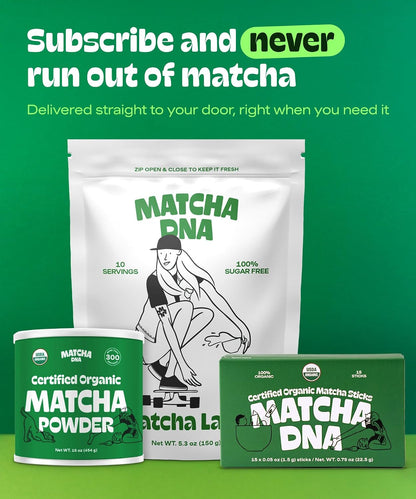 MatchaDNA Matcha Powder Sticks 7 Pack (20g Each) – Sweetened with Milk, No Sugar Added – Organic Matcha Powder Green Tea Latte Mix for Hot or Iced Drinks – Organic Macha Tea, Smooth Energy Boost