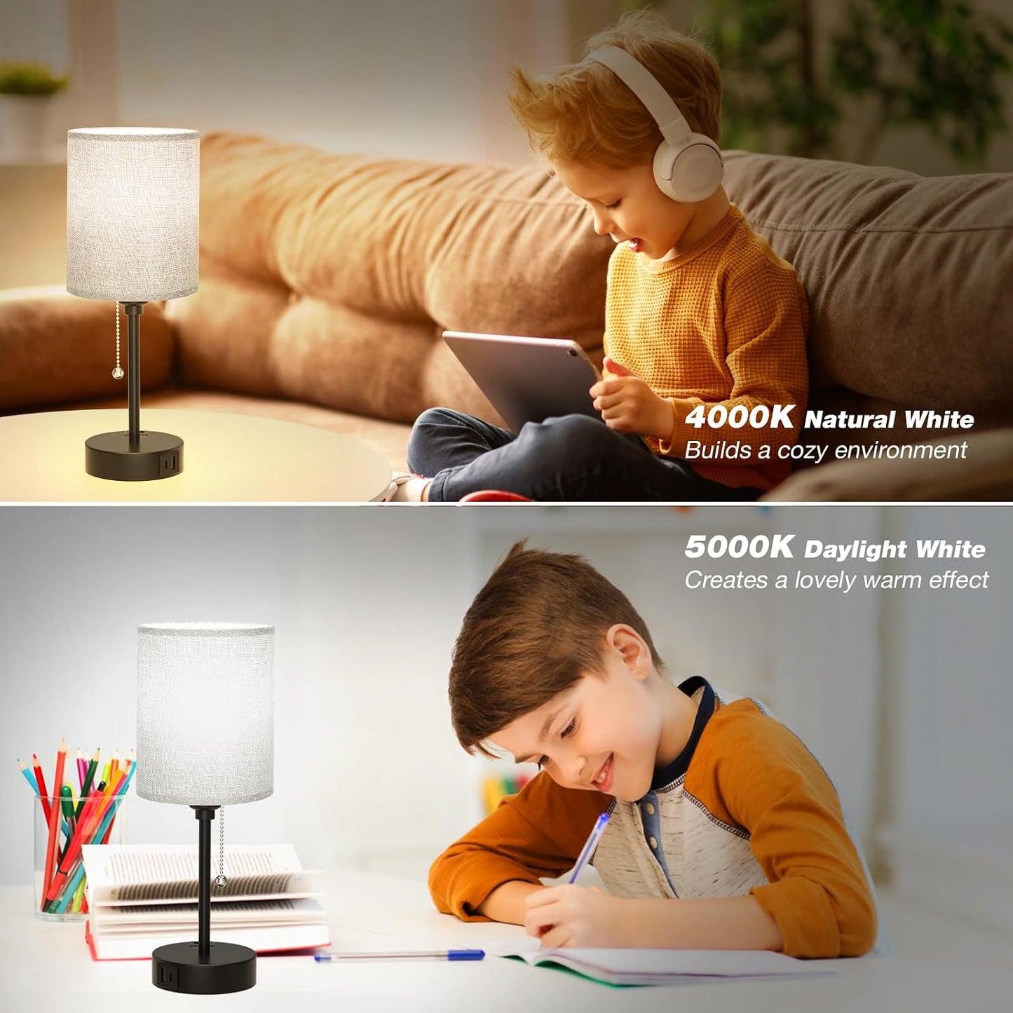 Small Bedside Table lamp for Bedroom - 3 Color Temperatures Bedside Lamps with USB C and A Ports, Pull Chain Table Lamps with AC Outlet, White Nightstand Lamps with Black Metal Base for Kids Reading