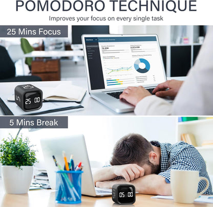 Rotating Pomodoro Timer 5, 25, 10 50 Minutes Preset, Desk Productivity Flip Timer, ADHD Tool Cube Countdown Stopwatch, Vibration/High/Low Volume/Custom Modes, for Work, Study, Back to School, Kitchen