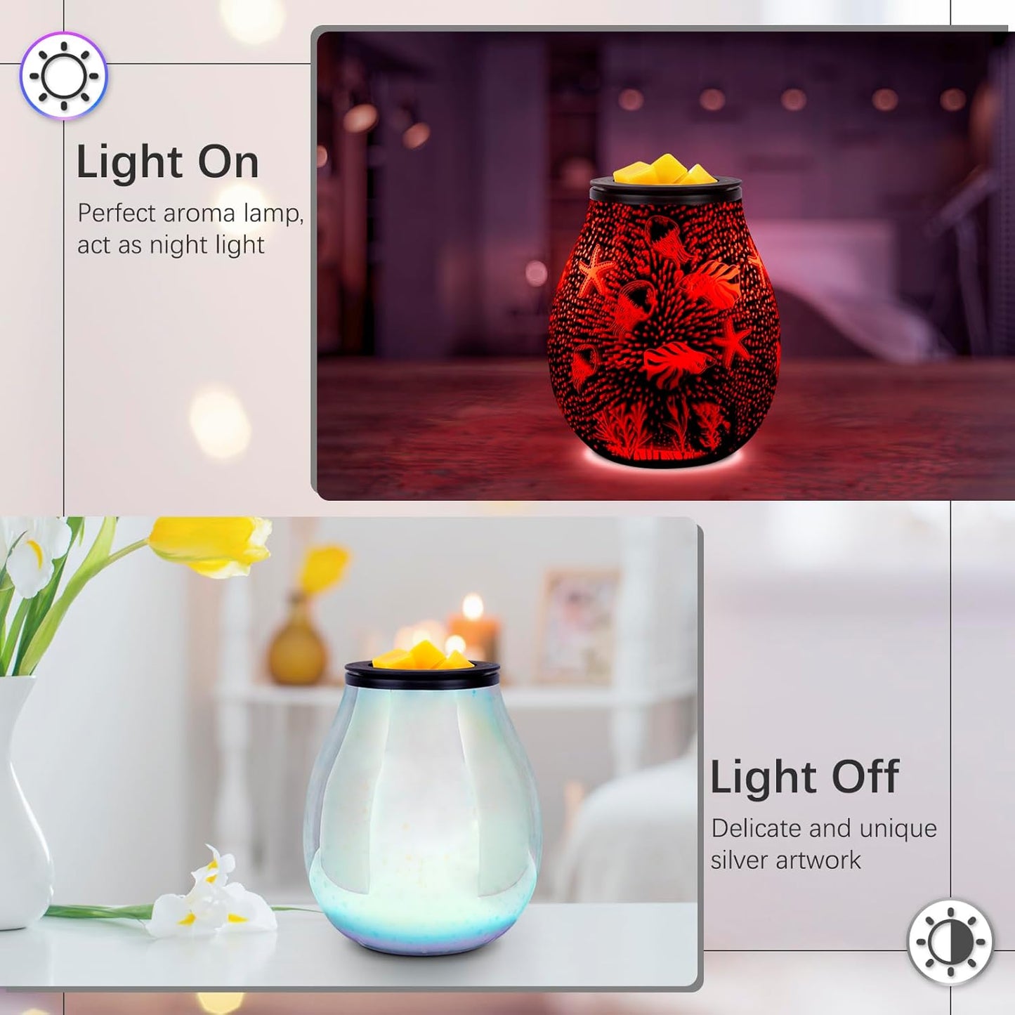 Wax Melt Warmer for Scented Wax- Glass Wax Melter for Home Fragrance with Removable Tray, Essential Oil Warmer Wax Cubes Burner Aroma Night Light for Home Office Bedroom Decor Gifts for Women