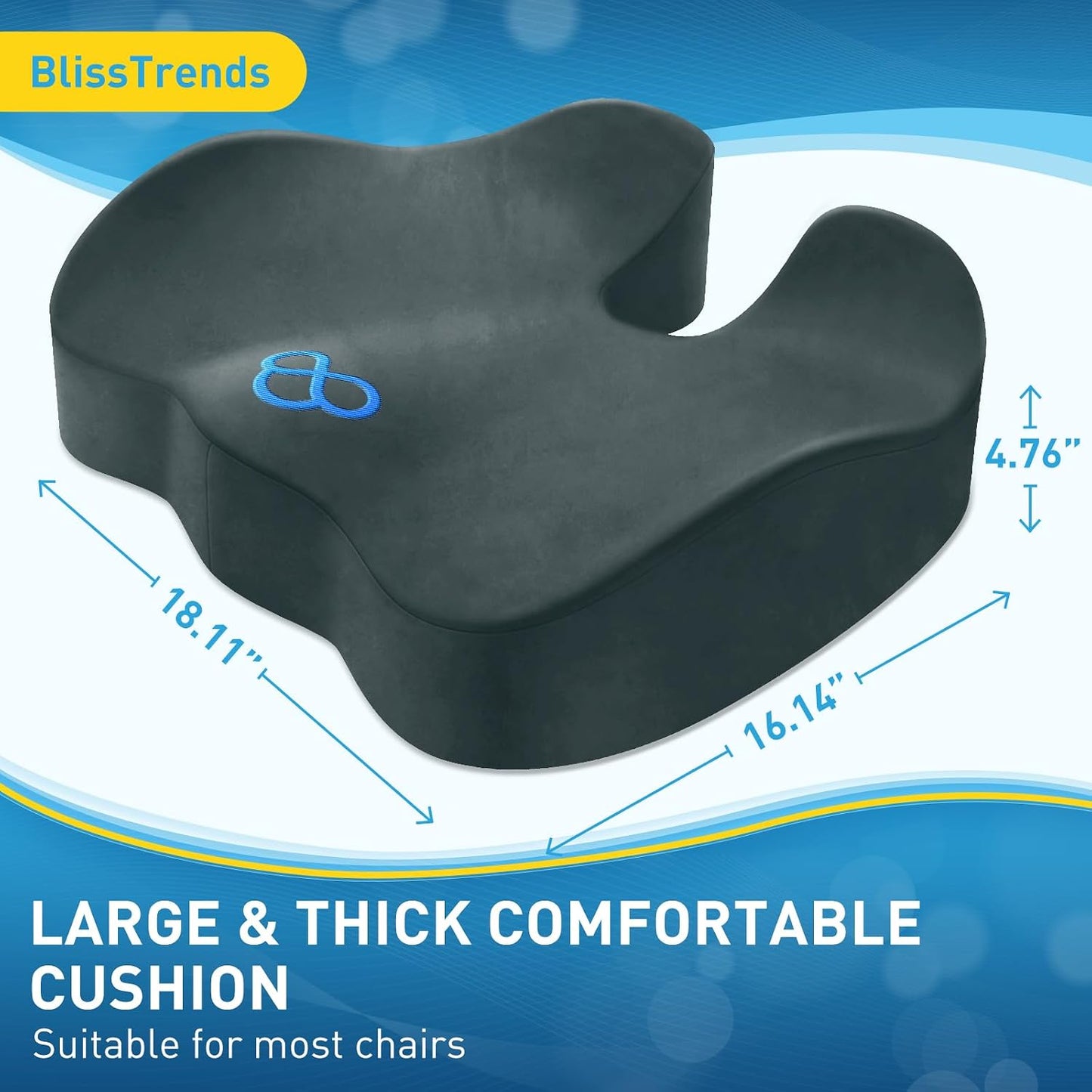 BlissTrends Seat Cushion with Velvet Cover, Thick Memory Foam Cushions for Office Chair, Car Seat, Airplane, Relieving Pressure Tailbone Sciatica Back Pain for Long Sitting, Car Drivers 4.7in Black