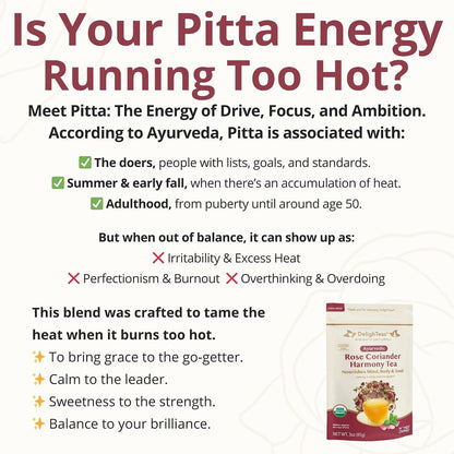 DelighTeas Organic Rose Coriander Harmony Tea | Ayurvedic Loose Leaf Herbal Tea | 60 Servings, 3oz. | Caffeine-free, Sugar-free, Non-GMO, Keto, Vegan | Calming, Cooling Digestive Support