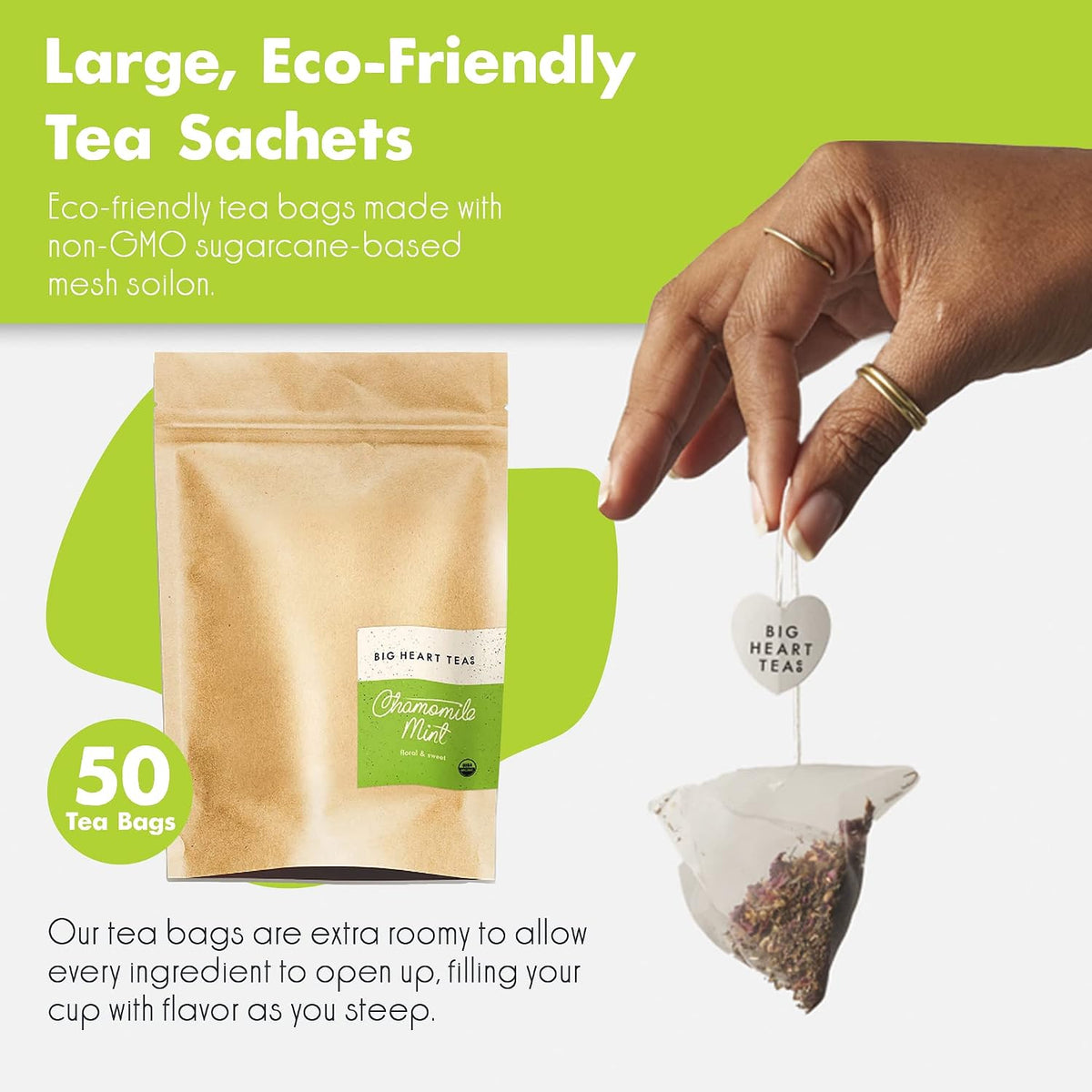 Big Heart Tea Co. Tea Bags - Chamomile Mint - Certified Organic, Calming Herbal Decaf Tea in Zero Plastic Sachets with Small Batch Ground Herbs - Spearmint and Lemongrass, 50 Pack
