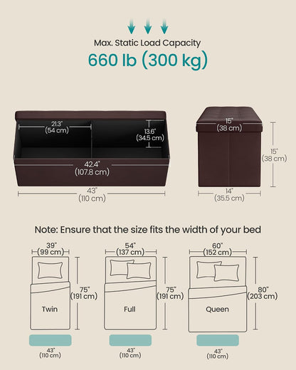SONGMICS MAZIE Collection - 43 Inches Folding Storage Ottoman Bench, Ottoman with Storage, Foot Rest Stool, Load 660 lb, for Living Room, Synthetic Leather, Black ULSF701