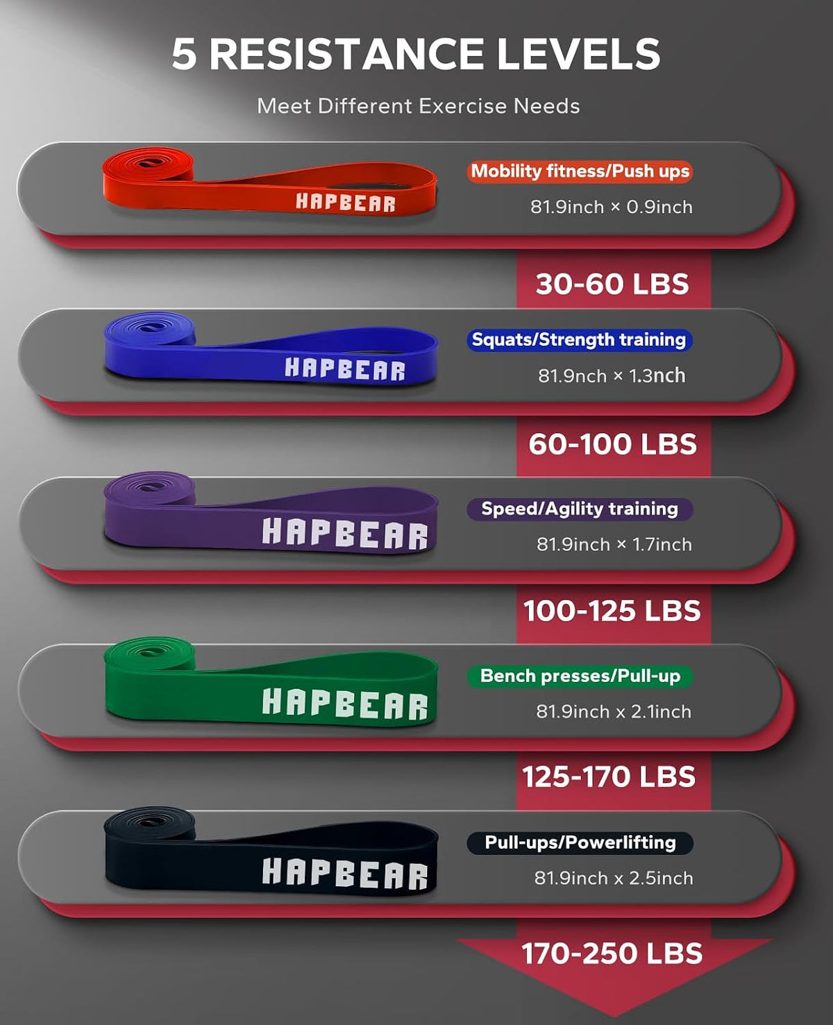 HAPBEAR Pull Up Assistance Bands - Pull Up Bands - Resistance Bands - Exercise Bands Resistance Bands Set of 5 - Workout Bands for Working Out, Stretching, Muscle Training