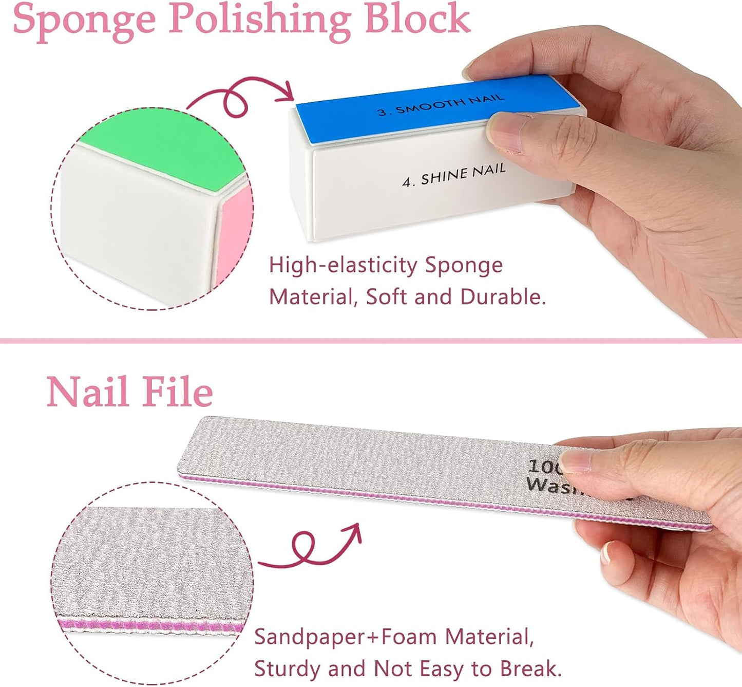 LNAUJS Professional Nail Files and Buffers Kit, Nail Sponge Buffer Blocks and 100/180 Grit Nail Files Set for Fingernail and Acrylic Nails