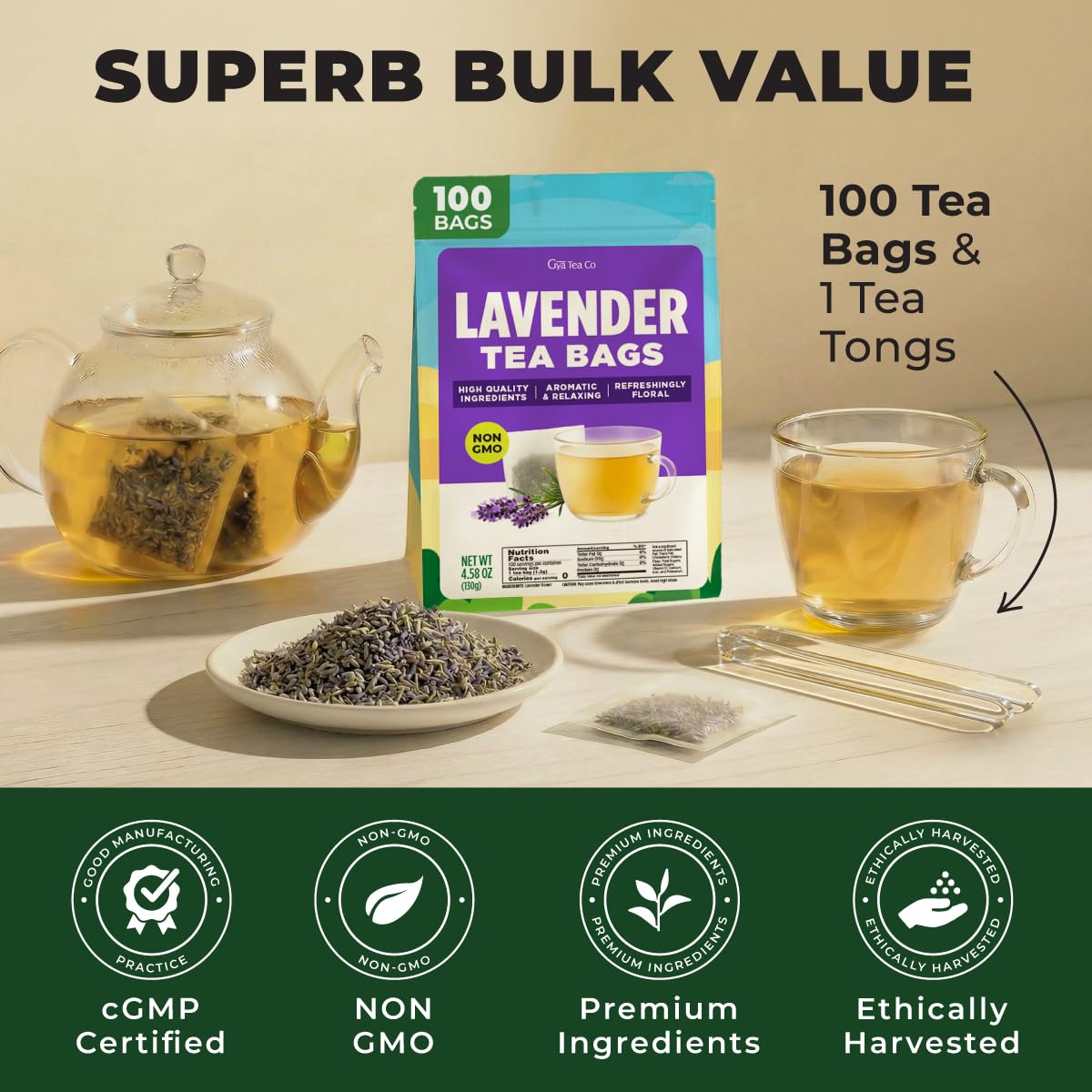 Lavender Tea Bags 100 Count - 100% Natural Caffeine Free Herbal Tea