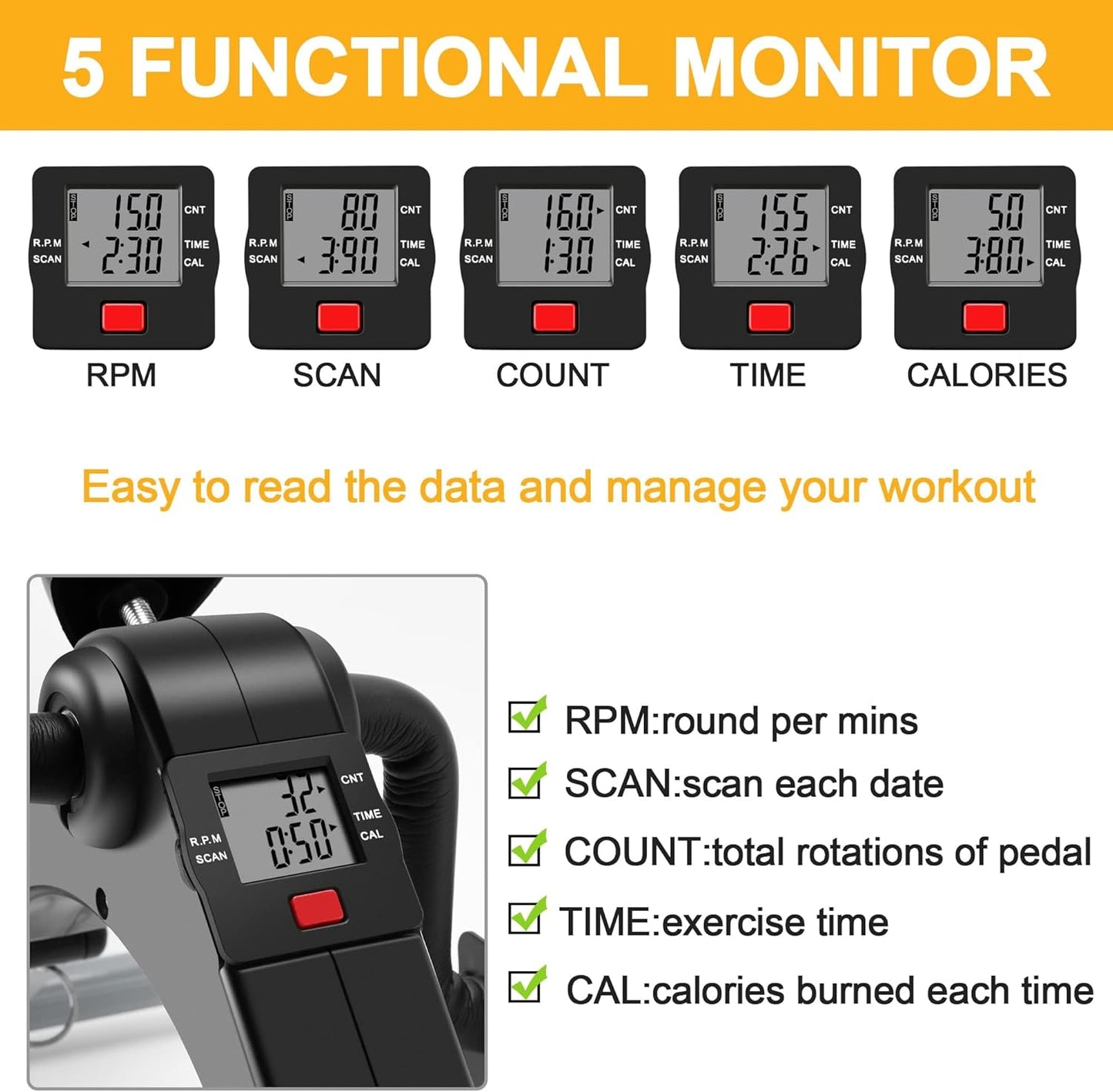 Pedal Exerciser Desk Exercise Bike Leg and Arm Exercise Bike with LCD Monitor Foldable and Porable (Black/Grey)