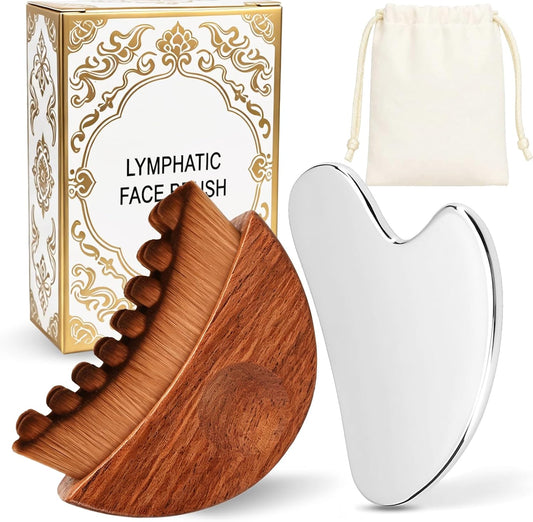 100% Wood Handle Lymphatic Contour Face Brush Stainless Steel Facial Gua Sha Tool Set, for Lymphatic Drainage, Sculpting Massage, Anti-Puffiness, Detox and Lifting