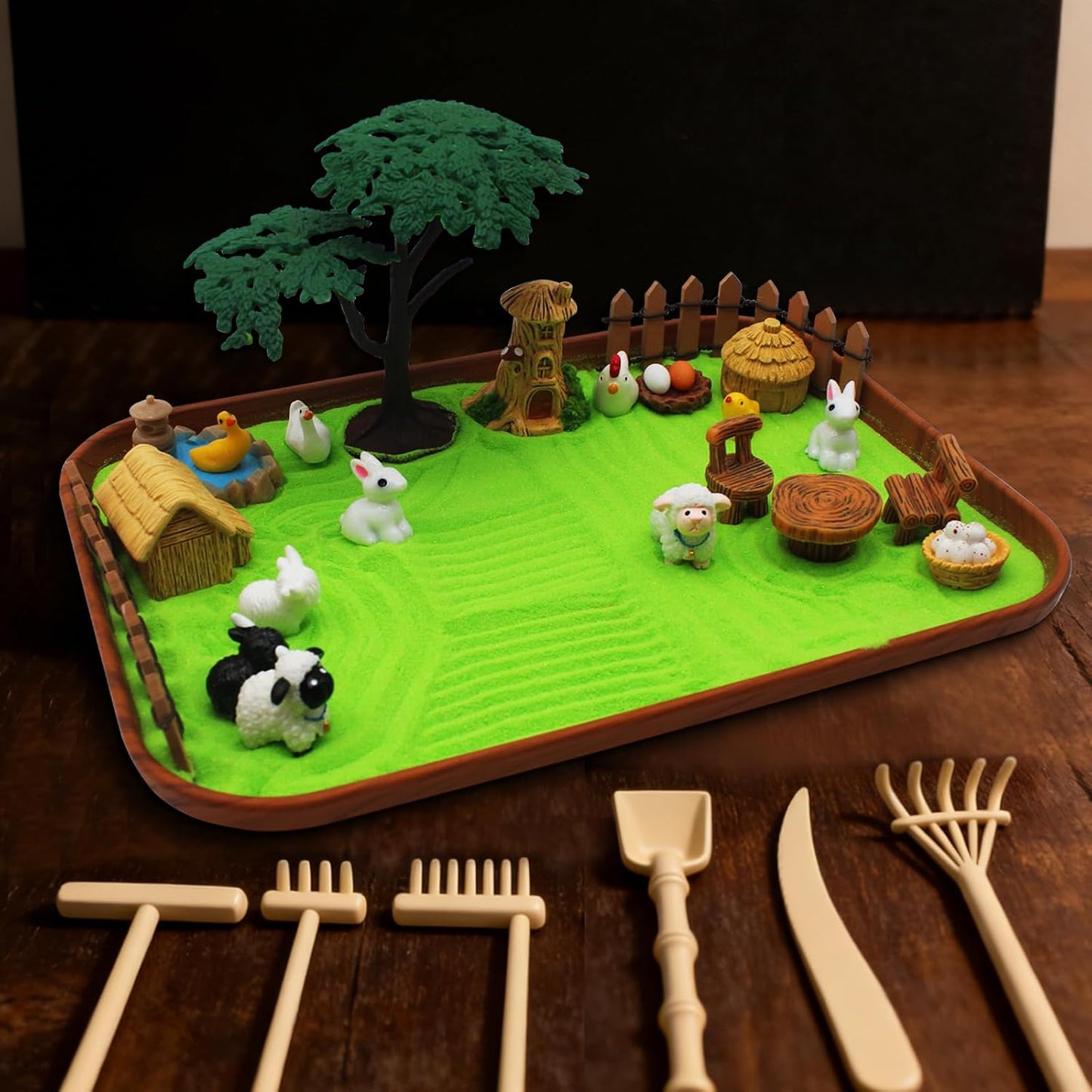 32 Pcs Zen Garden Kit for Desk, Mini Zen Sand Garden with Wooden Tray & Rake, Realistic Farm Animal & Figurines, Farmhouse Stress Relief Fidget Toy for Adults Home & Office, Mindfulness Gift
