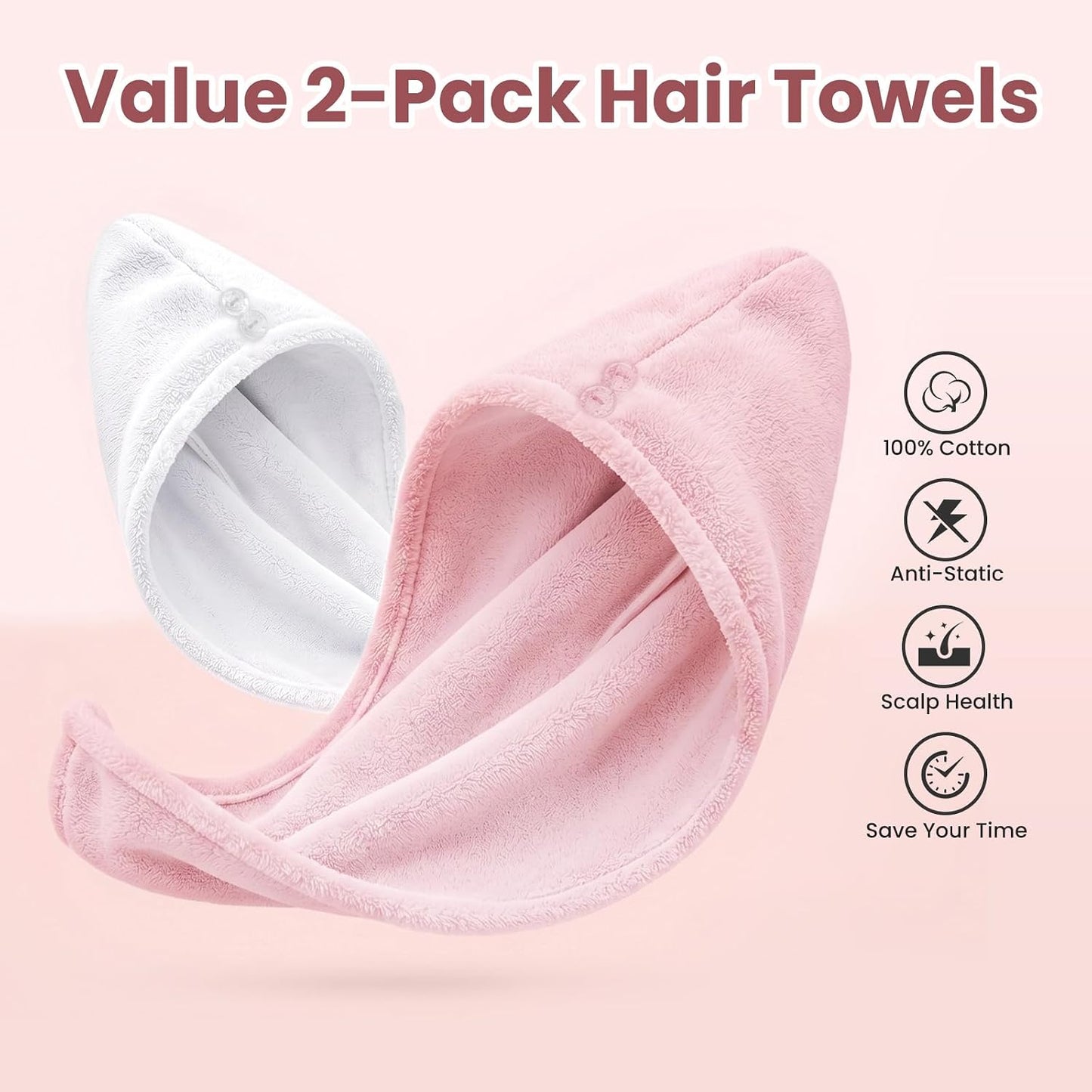 Mandydov 100% Cotton Hair Towel Wrap for Women, 2 Pack Thickened & Super Absorbent Turbans, Anti Frizz Quick Dry Hair Towels (Blue, Pink Blush)