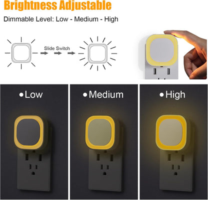 YUNLEX 2 Pack Amber Night Light, Dusk to Dawn Sensor, Warm Glare-Free Reflected Glow, 3-Level Dimmer, Auto On/Off, Plug-in LED Nightlight for Bedroom, Kids, Bathroom, Sleep, Baby Nursery, Toddler