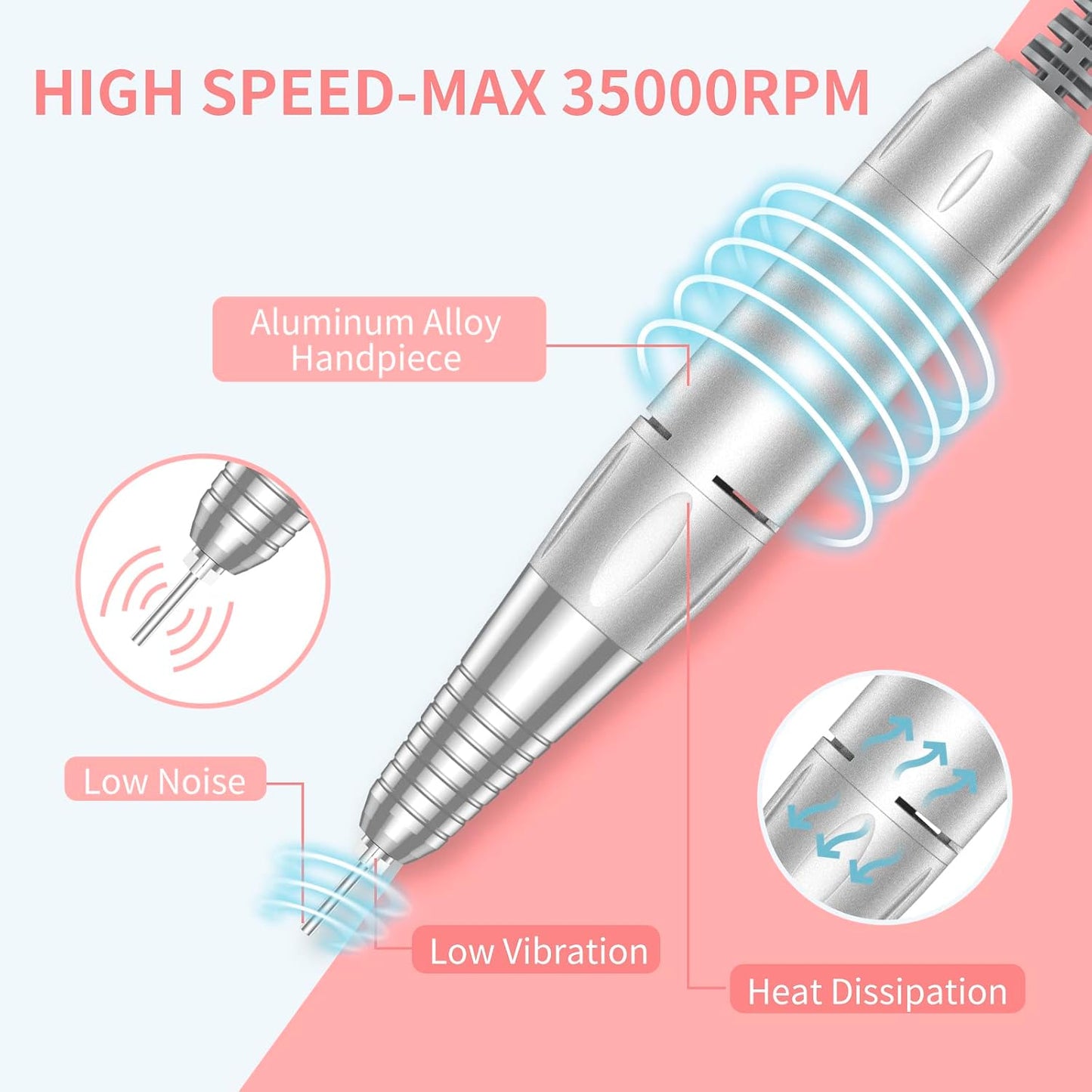MOCOWIND Portable Nail Drill Professional 35000 RPM, Rechargeable Electric Nail File Machine Cordless E-File for Acrylic Gel Polishing Removing with Bits Kit for Manicure Salon Home, Pink