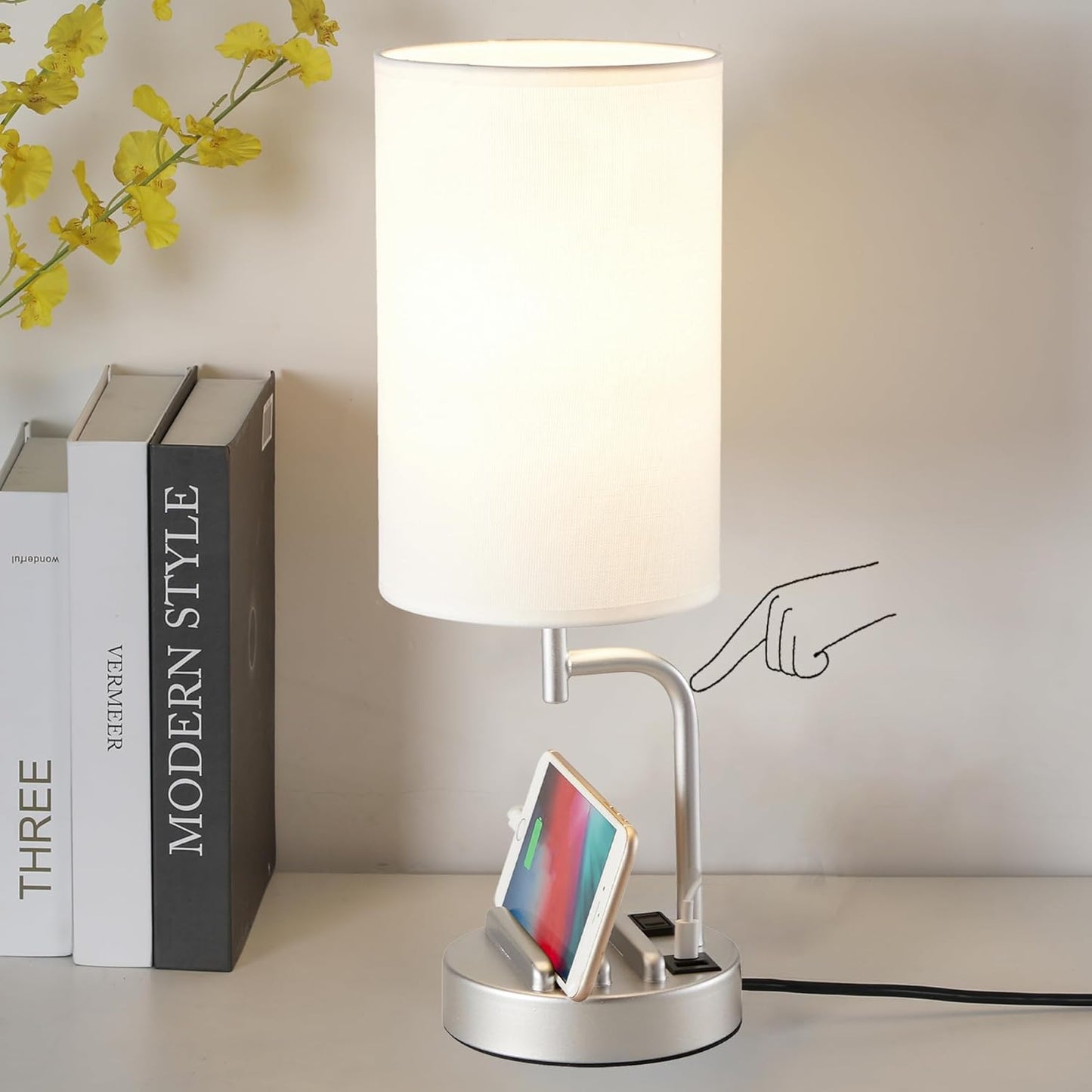 Dreamholder Touch Control USB Table Lamp, Upgraded 3-Way Dimmable Bedside Desk Lamp with USB C & A Charging Ports and AC Outlet, Nightstand Lamp for Bedroom, Dimmable 9W LED Bulb Included