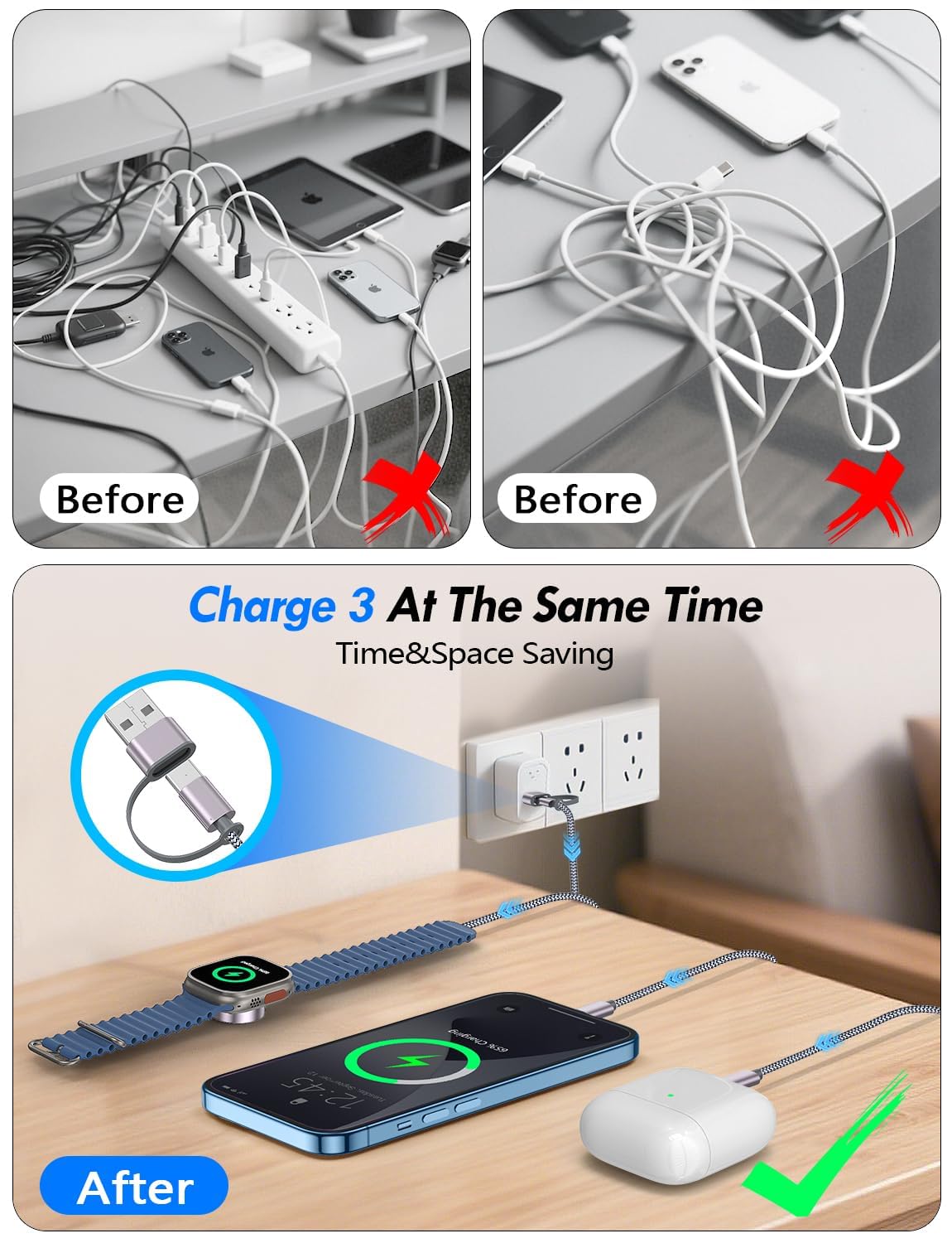 Travel Essentials for Apple Watch Charger,3-in-2 Multi Charging Cable