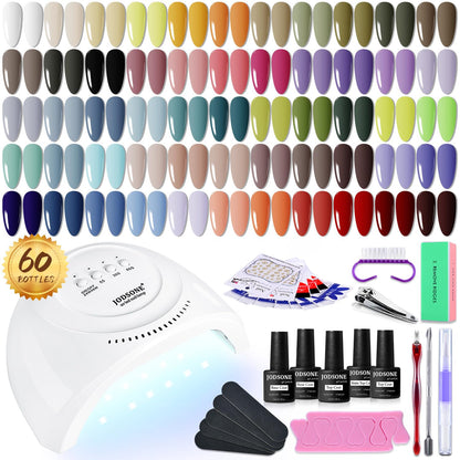 JODSONE Gel Nail Polish Kit 60 PCS with U V Light Soak off Base Top Coat 55 Shine Colors Gel Nail Kit Bright and Dark Brown Wine Red Series Manicure Set for Women and Girls