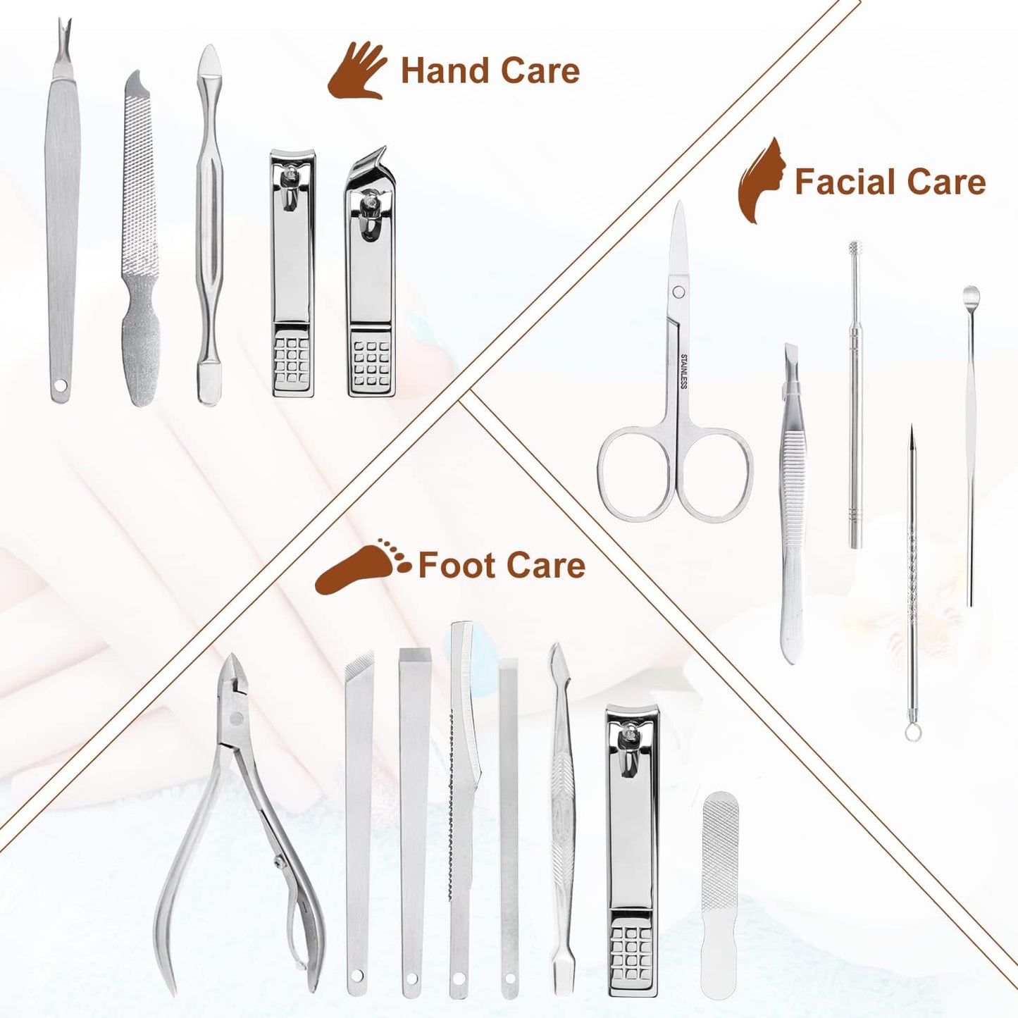 Yougai Manicure Set 18 Pieces Professional Nail Clippers Pedicure Kit Men Women, Stainless Steel Fingernail Toenail Cutters, Nail Care Grooming Tools with Leather Travel Case
