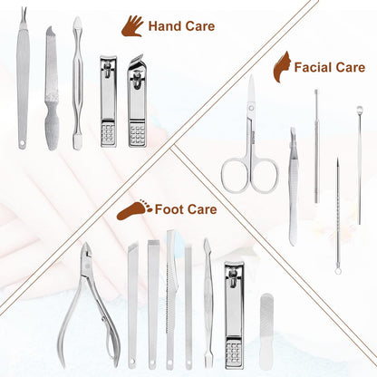 Yougai Manicure Set 18 Pieces Professional Nail Clippers Pedicure Kit Men Women, Stainless Steel Fingernail Toenail Cutters, Nail Care Grooming Tools with Leather Travel Case