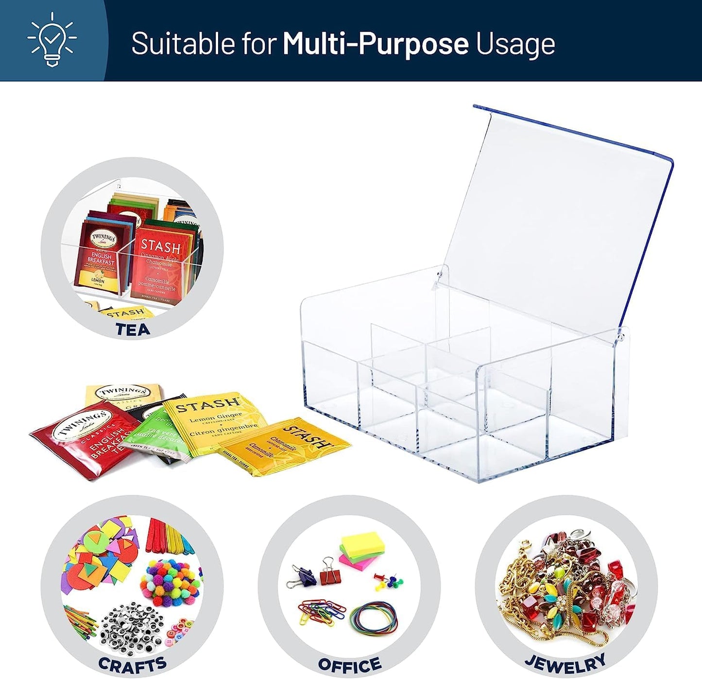 RoyalHouse Acrylic Tea Bag Holder Storage Organizer, 6 Compartment BPA Free Clear Plastic Tea Box with Lid, Multi-Purpose storage Box for Tea Bags, Office Supplies, Crafts, and Small Items.
