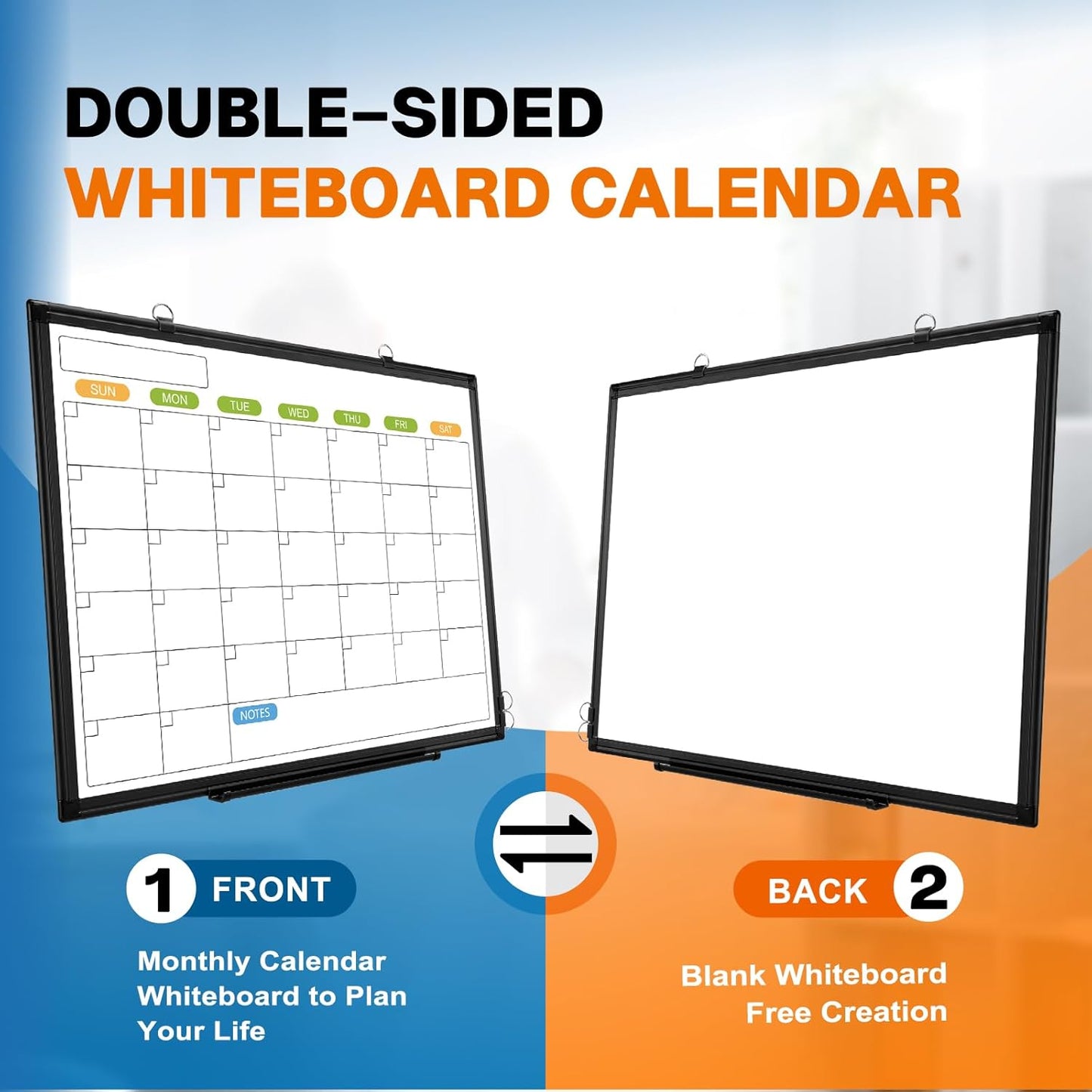 24" x 18" Magnetic Monthly Dry Erase Whiteboard Calendar for Wall | Double-sided & Smooth Writing Calendar White Board Hanging with Black Aluminum Frame, Home, School, Office