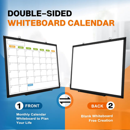 24" x 18" Magnetic Monthly Dry Erase Whiteboard Calendar for Wall | Double-sided & Smooth Writing Calendar White Board Hanging with Black Aluminum Frame, Home, School, Office
