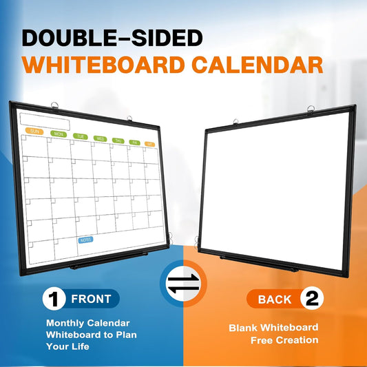 24" x 18" Magnetic Monthly Dry Erase Whiteboard Calendar for Wall | Double-sided & Smooth Writing Calendar White Board Hanging with Black Aluminum Frame, Home, School, Office