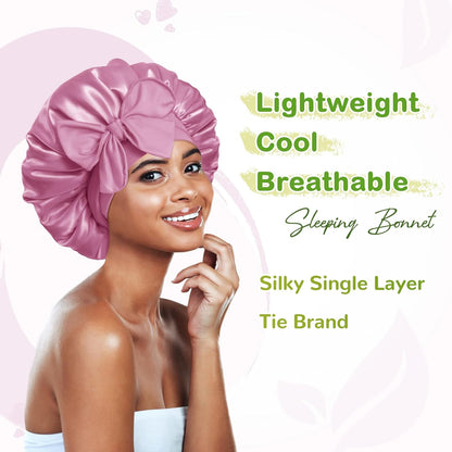 BONNET QUEEN Silk Bonnet for Sleeping for Women Satin Bonnet Night Cap for Curly Hair with Tie Band, Single Layer, Cream Pink