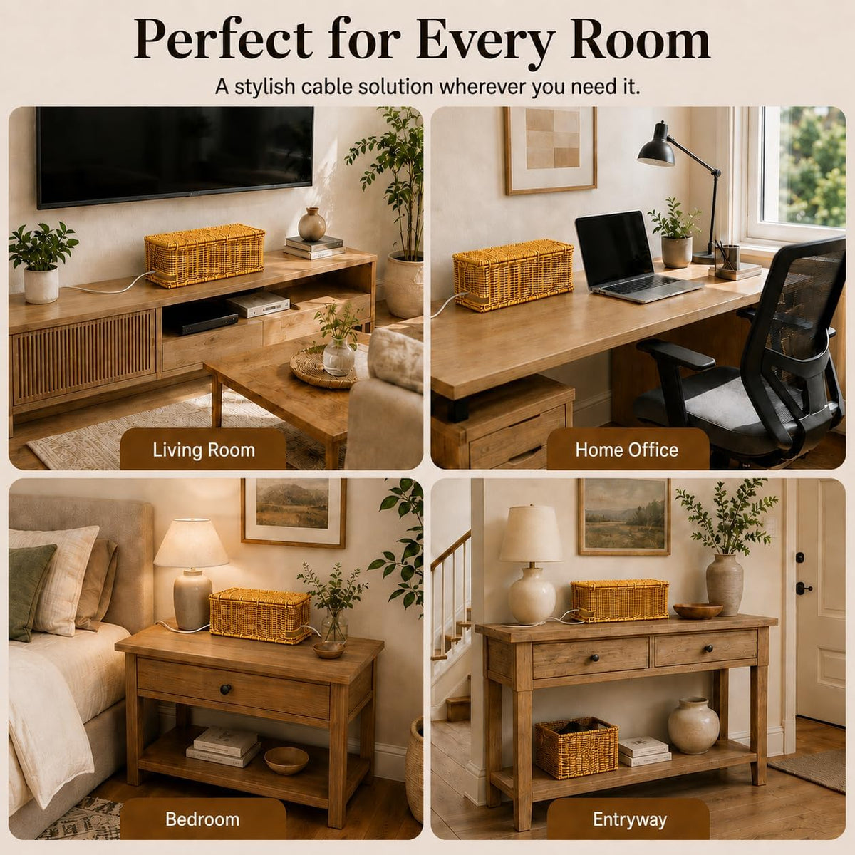 Cable Management Box, Faux Rattan Cord Organizer Basket for Power Strips