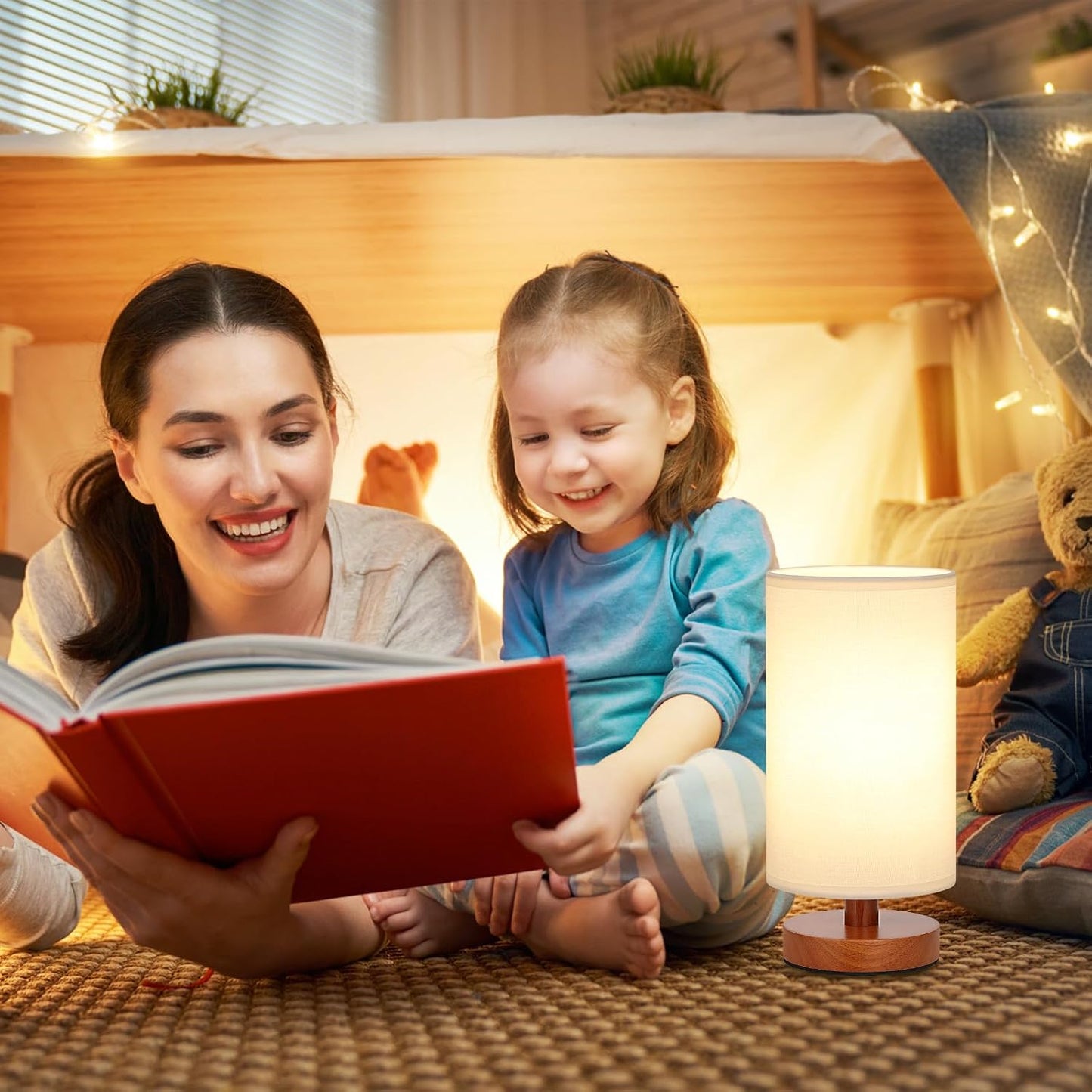Fenmzee Small Table Lamp for Bedroom - Inline Control, Bedside Lamp with 3000K A15 LED Blub, Easy Assembly (Cream Shade - Wood Base, 9" Inline Control)