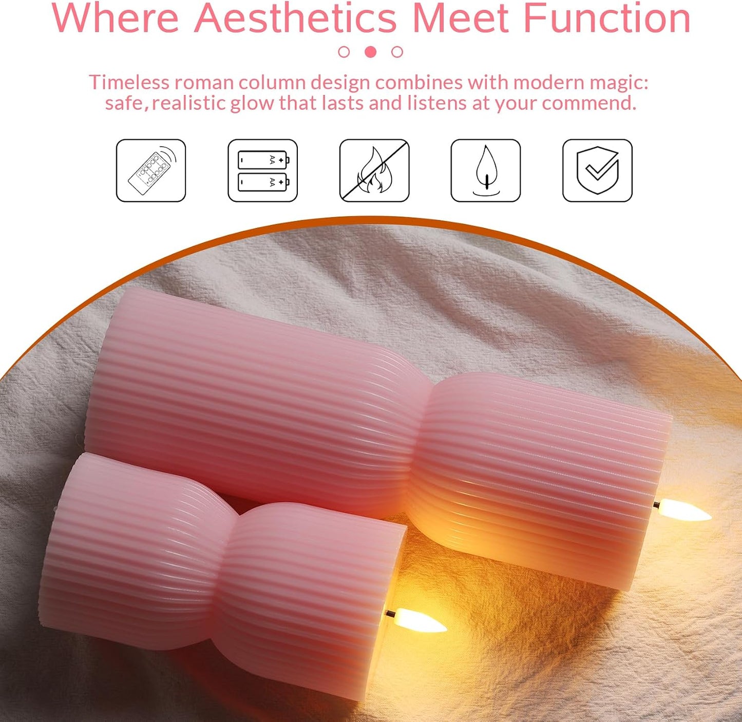 White Ribbed Flameless Pillar Candles with Remote, Real Wax Flickering Battery LED Candles Set of 2