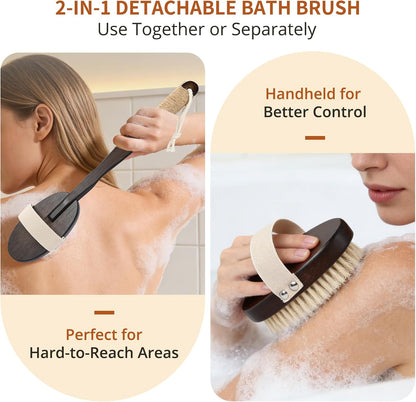 Back Scrubber for Shower, 15.7" Loofah with Handle, Back Shower Brush with Bristles and Loofah, Dry Brushing Body Brush for Cleanse Back and Hard to Reach Areas with Curved Long Handle