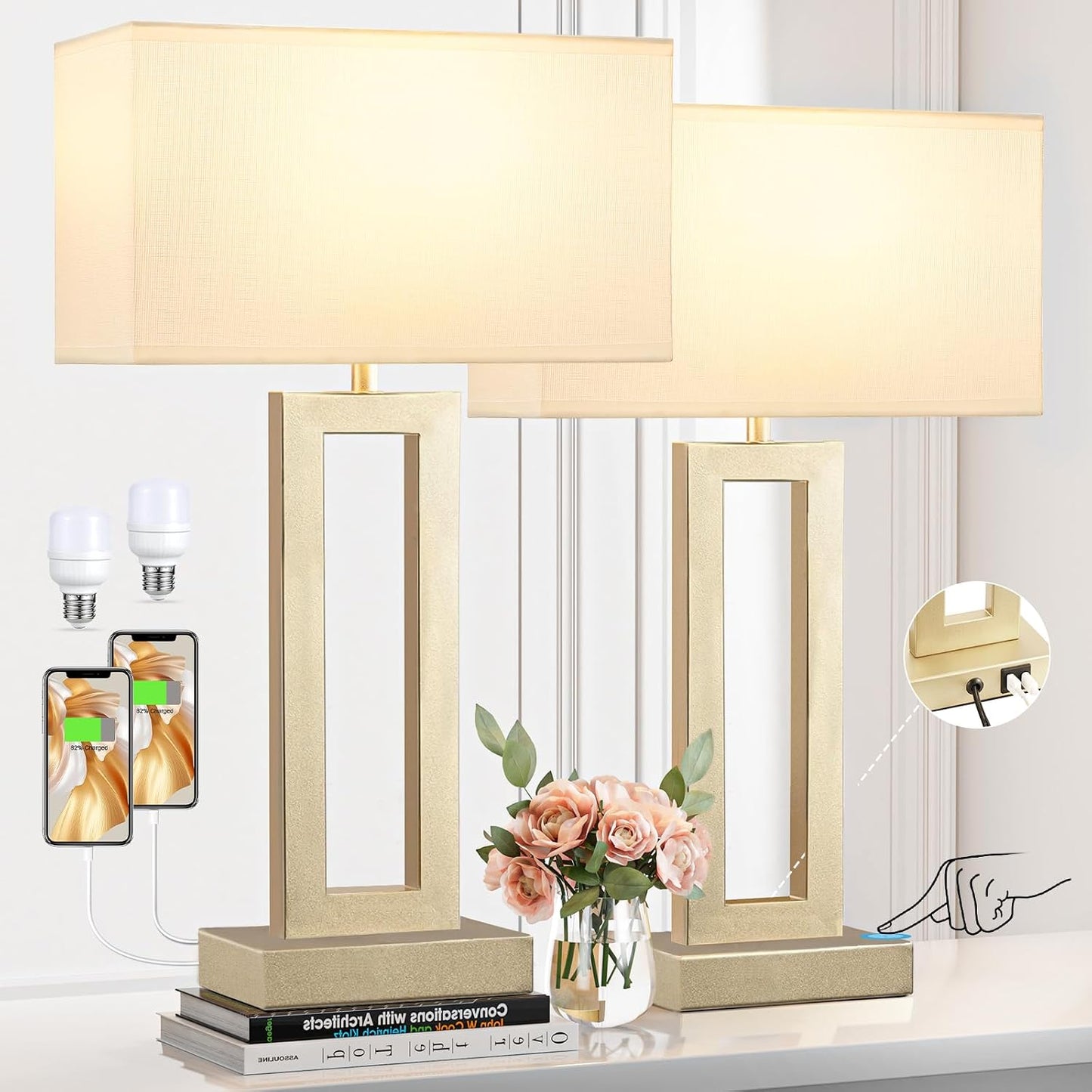 Gold Table Lamps Set of 2, 16.4" Bedside Lamps for Nightstand with USB C+A