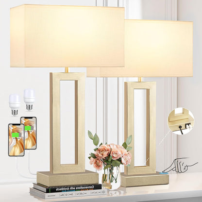 Gold Table Lamps Set of 2, 16.4" Bedside Lamps for Nightstand with USB C+A