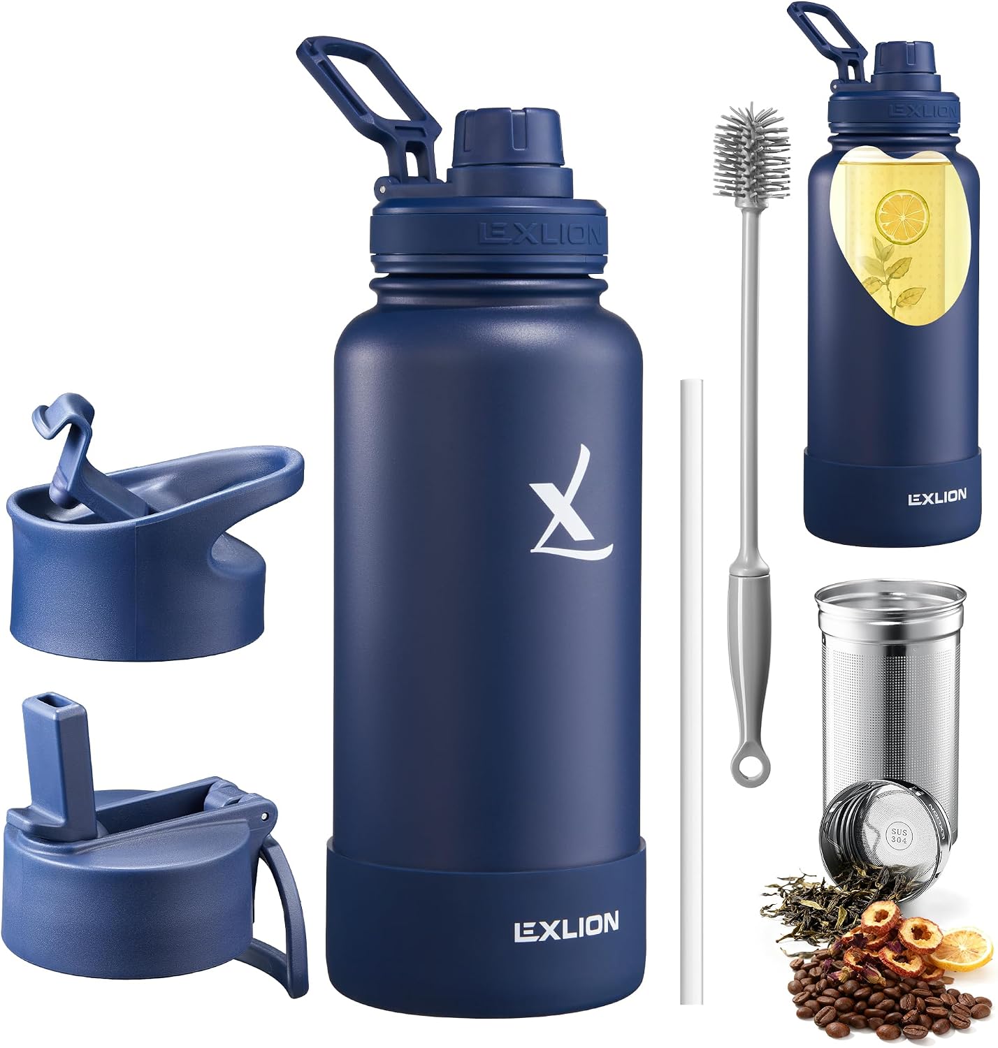 Lexlion Tea Infuser Water Bottle 32 Oz – Triple Wall Insulated Stainless Steel, Loose Leaf & Fruit Strainer, 3 Leakproof Lids, BPA-Free Silicone Sleeve, Reusable Thermal Mug