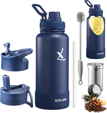 Lexlion Tea Infuser Water Bottle 32 Oz – Triple Wall Insulated Stainless Steel, Loose Leaf & Fruit Strainer, 3 Leakproof Lids, BPA-Free Silicone Sleeve, Reusable Thermal Mug
