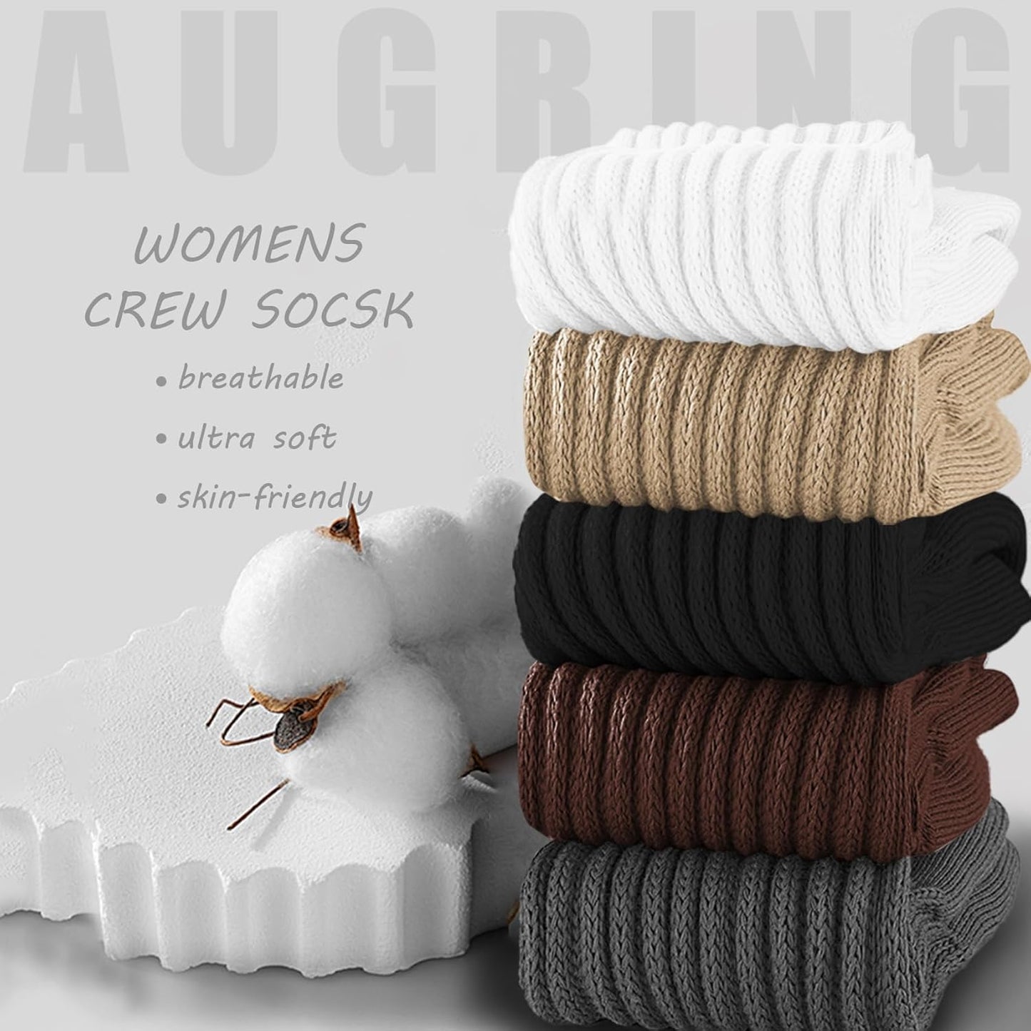 AugRing Women's Scrunch Crew Socks Retro 3-Pack Solid Cotton Boot Calf Chunky Ribbed Cozy Slouchy Socks Size 5-11