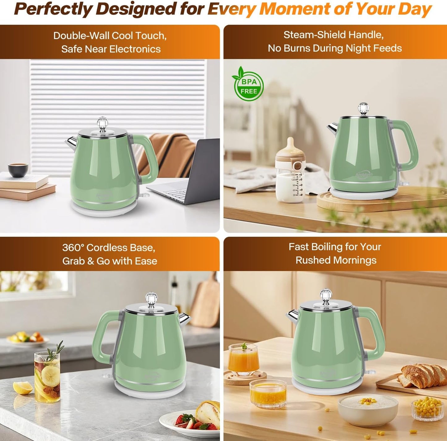 Retro Electric Tea Kettle 1.8L, BPA Free, Stainless Steel Electric Hot Water Kettle for Boiling Water, 1350W Fast Boil, Automatic Shut Off, Boil-Dry Protection,Pearl White